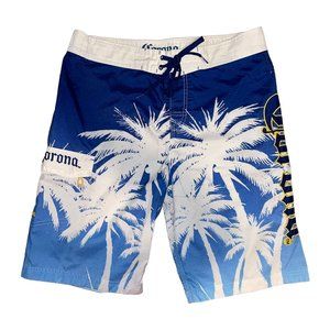 Corona Extra Cargo Board Shorts Mens M Palm Tree Logo Colorful Swimwear Blue